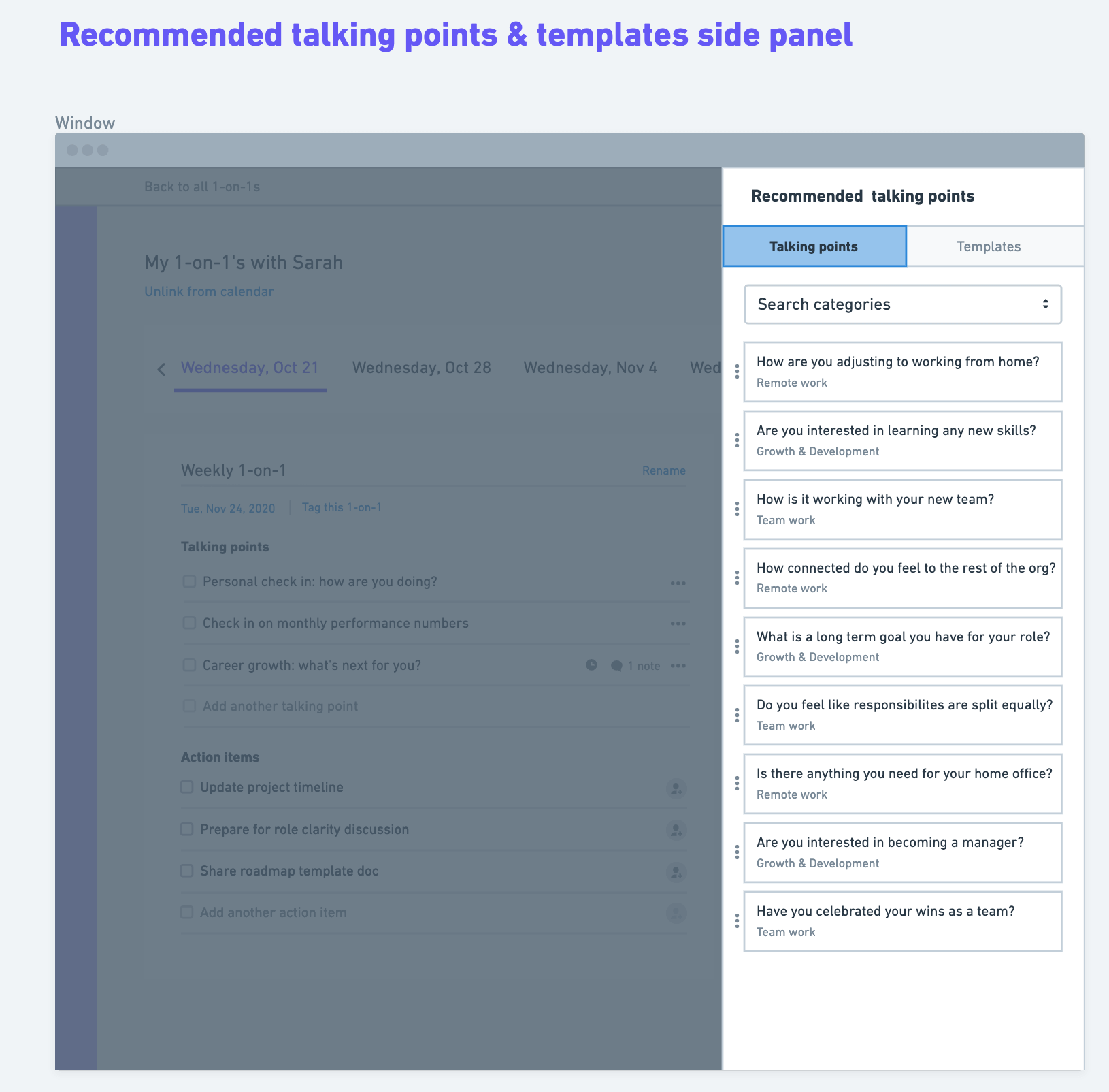 1on1 wireframe – templates and talking points
