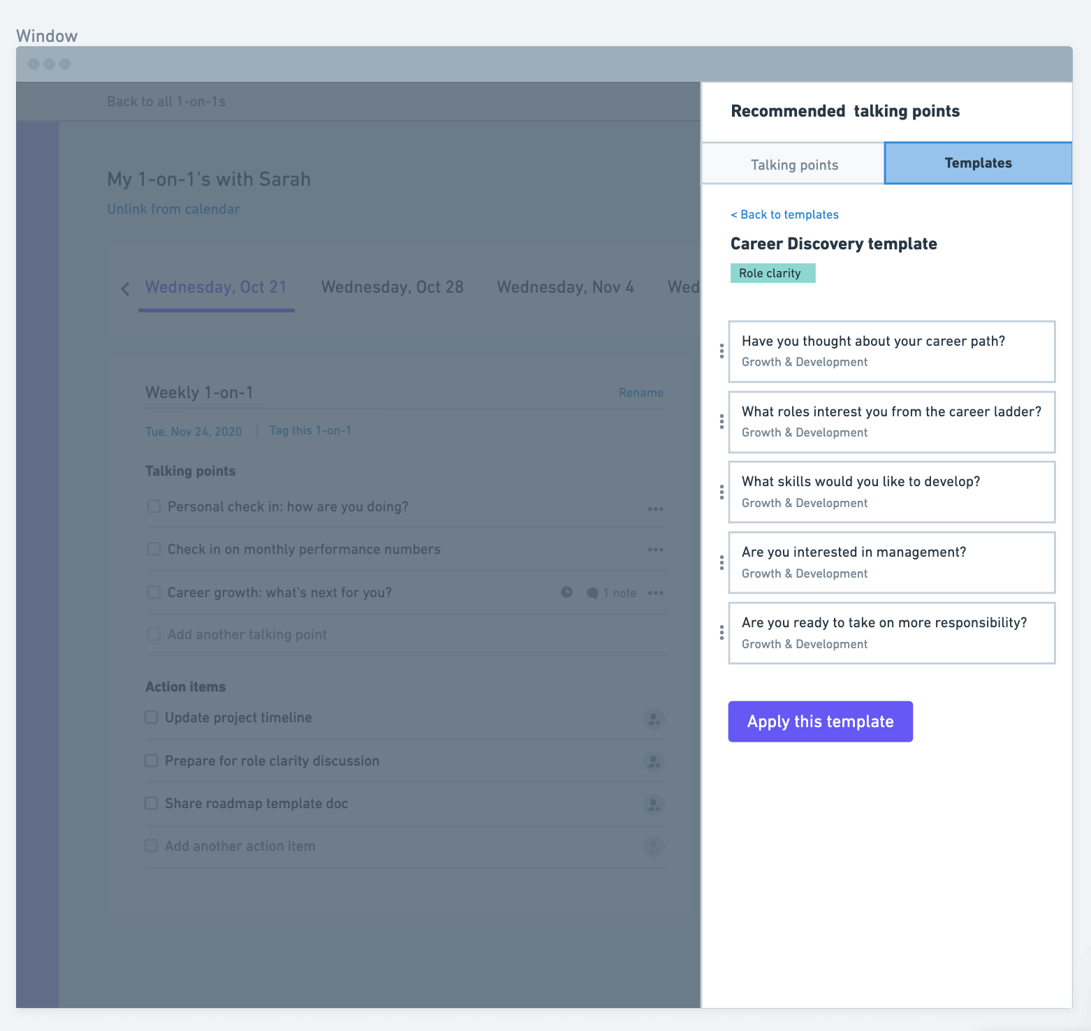 1on1 wireframe – templates and talking points